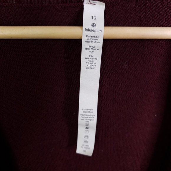 Lululemon Women's Sz 12 100% Merino Wool Open Front Cardigan Wrap Wine Maroon - Picture 6 of 8